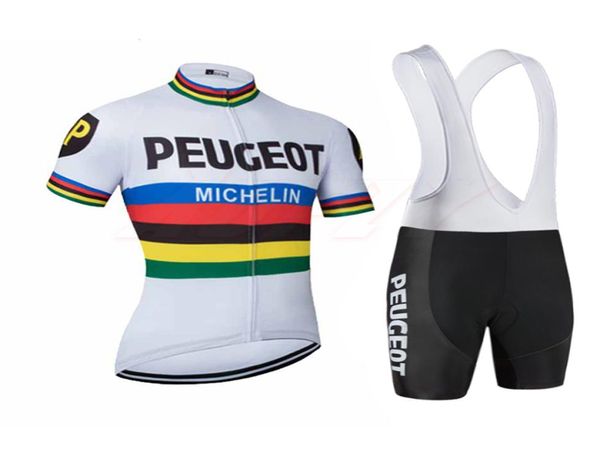 Novos homens Peugeot Cycling Jersey France Spain Bike Retro Color Bar Roupas Ciclismo Desgaste Roupas de Racia