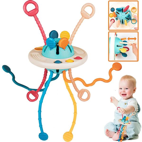 Montessori Pull String Developmental Baby Sensory Toys Lustiges Silikon Zahnen für Geborene Babys frühe Bildungsgeschenke 240407