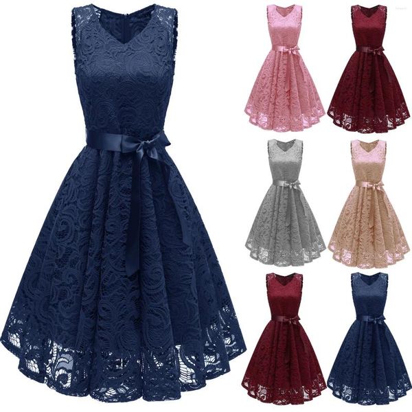 Lässige Kleider Autumn Lace Femme 3/4 Ärmeln V-Ausschnitt Frauen Solid Wedding Guest Party Kleid hohl aus weibliche Roben Vestidos de Festa