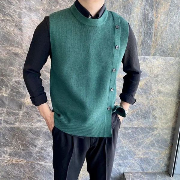 Giubbotti da uomo maglione maglione maschio gilet bottoni a fessura abbigliamento senza maniche gilet rotonde giubbotto verde girocollo verde baggy cotone lana maletria