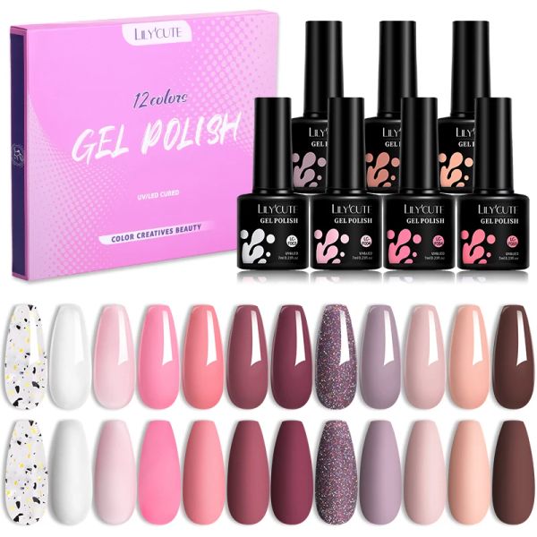 Комплекты Lylycute 12pcs Nail Gel Plock Set 7ml Осень Nude Nail Art Полу постоянного ультрафиолета для маникюрных лаков для ногтей.