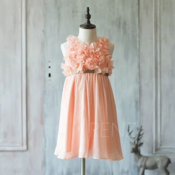 Платья 2020 Peach Junior Bressmaid Платье, спагетти -ремешок цветочниц, платье розетки, золотое пояс