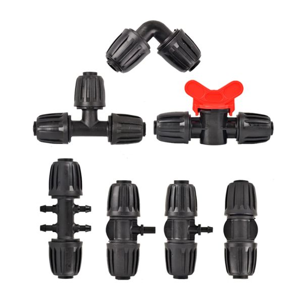 Racks 10/50pcs 16mm Gartenbewässerungsrohranschluss Pom Watering Schlauchmutter Ellbogen Tee -Stecker landwirtschaftliche Bewässerung PE -Rohrgelenke