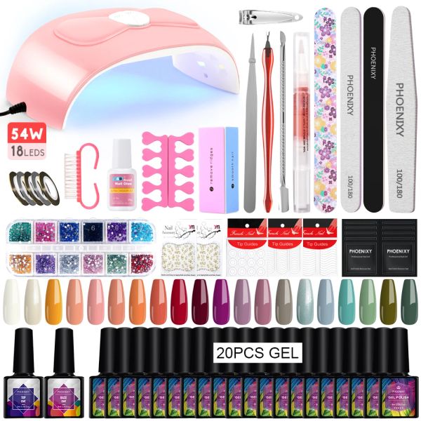 Vestidos Manicure Conjunto 20pcs Gel esmalte com lâmpada LED de 54W UV Mergulhe o kit de ferramentas de unhas semi -pregos semi -preto