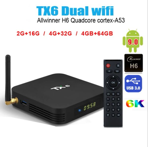 Box TX6 Android TV Box Allwinner H6 Quad Core Android 9.0 2.4g/5GHz 32g Dual WiFi BT 6K Suporte de Player de Media para IPTV TV Smart