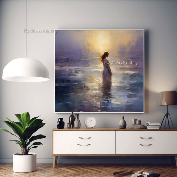 Mulher solitária no oceano 100% artesanal Sunset Seascape Canvas Arte Mulher em Vestido Branco Pintura Texturizada Pintura Óleo Abstrato Pintura Moderna para Decoração de Casa