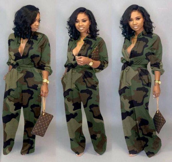 Women039S Jungenuits Rompers Women Casual gegen Neck Langarmknopf Krawatte Camo Jumpsuit Strampler Anzug Clubwear Übergroße Camoufag7254792