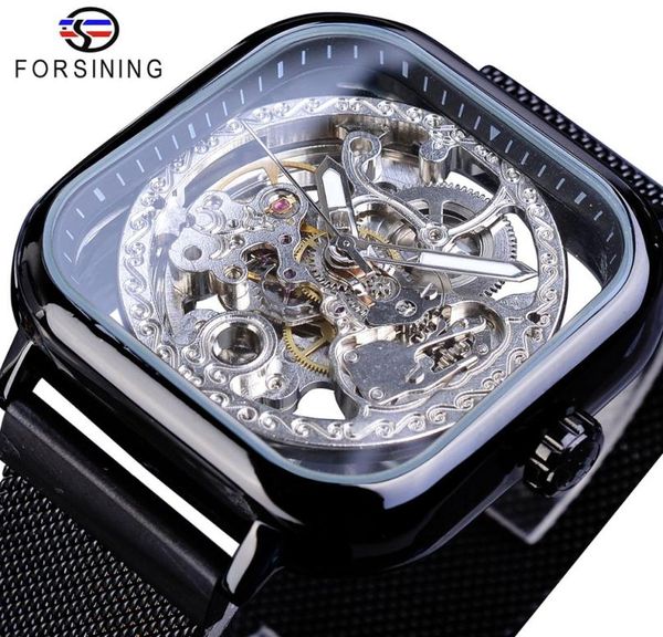 Forsining Black Square Automatic Mechanical Watch Masculino Business Steampunk Gear Mesh Strap Sports Watches Relogio Masculino2500529