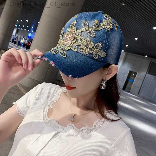 Ball Caps Cowboy Baseball Chapéu feminino Primavera/verão Diamond Flower Cowboy Hat Hatshade Fashion Leisure Selted Sports Sports Hat vintage Hat Q240408