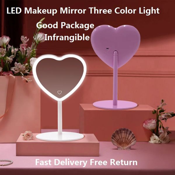 Specchio a forma di cuore a LED del desktop Vanity Mirror regolabile a tre colori Cosmetico cosmetico Specchi di trucco ricaricabile 240326