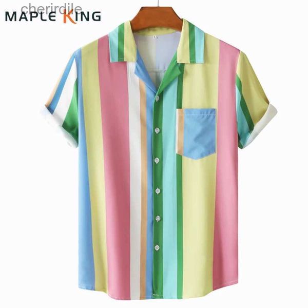 Camisas casuais masculinas camisa havaiana masculina listrada arco-íris multicoloria impressa com manga curta de seda cuba cuba de seda Camisa de encaixe solta casal