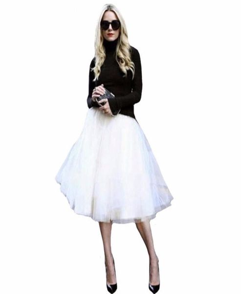 New Puff Women Chiffon Tulle Salia branca Faldas Cantura alta Midi Knee