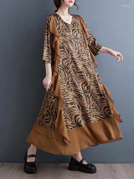 Lässige Kleider Xitao Lose Flourd Edge V-Ausschnitt Kleid Fashion Kontrast Farbe Gaze Patchwork Frauen Sommereinfachheit Trend Lyd1172