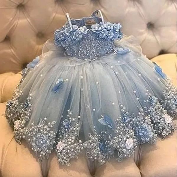 Vestidos de concurso de pérolas de pérolas azuis azuis do céu, vestido de flor de miçangas de miçangas para casamentos, crianças longas princesas vestidos de bola de aniversário