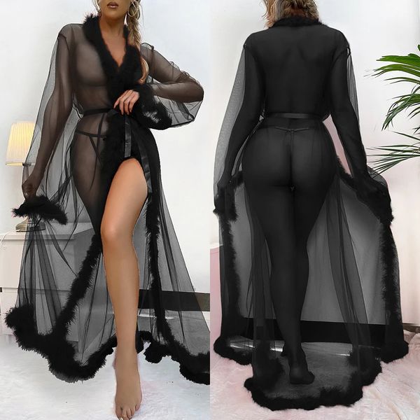 Seksi Dantel Mesh şeffaf uzun bornoz elbise iç çamaşırı, kemer egzotik tül nightgown babydoll pijama seks kıyafetleri 240408 ile