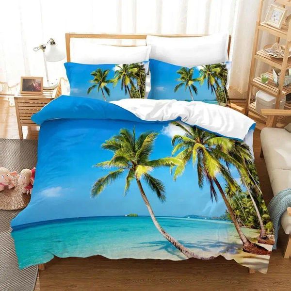 Bettwäsche Sets Ocean Duvet Cover Set Sommer Beach Dekor Hawaiianische Urlaubsstil Palmbaum Tropische Natur Sea Polyester Quilt