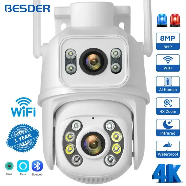 Telecamere da 8mp fotocamera wifi ptz a doppio schermo AI monitoraggio automatico visione notturna cctv telecamera di sorveglianza di sorveglianza esterna 4mp fotocamera IP fotocamera Icsee App