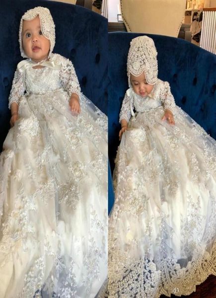 Güzel Çiçek Kızlar Elbiseler Uzun Kollu Vaftiz Gowns Bebek Kız Dantel Aplike İnci Vaftiz Elbiseler İlk İletişim DRE7426969