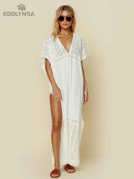 Vestidos casuais 2024 Sexy Deep Vacs Bats Sleeve Split Dress Summer Dress Plus Size Women Women Beachwear Kaftan Robe Maxi Q1001