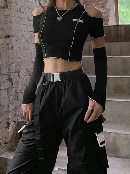 Magliette da donna patchwork t-shirt nere gotiche una manica a spalla tops rouffles orm hip hop techwear donne magliette