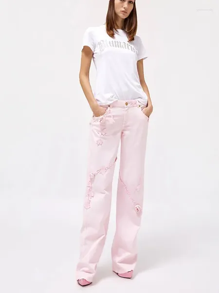 Jeans femininos Y2K Vinhas de verão Rosa folhas decoradas soltas para Women2024 Cantura alta Casual Casual Legal Denim calças