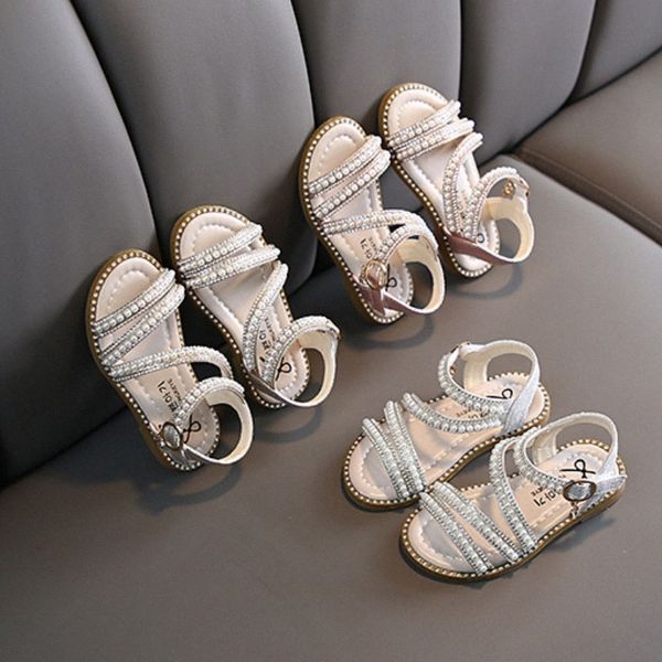 Sandálias femininas crianças verão senhoras pérolas sapatos princesas calçados jovens sapatos de ouro rosa Eur 21-36 w83d#