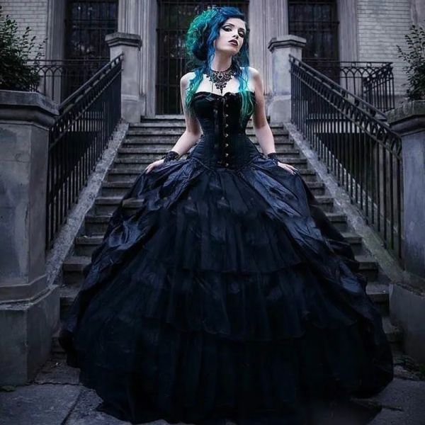 Kleider Vintage Schwarzes viktorianischer gotischer Bürgerkleid Brautkleider Korsett trägerlose Prinzessin Punk Style Country Bride Kleid Plus Größe