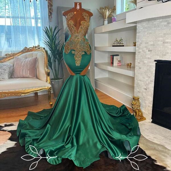 Emerald Green Gold Resmi Elbise Kadınlar için Kırıltılı Kristal Boncuklu Siyah Kız Prom Partisi Gala Elbisesi