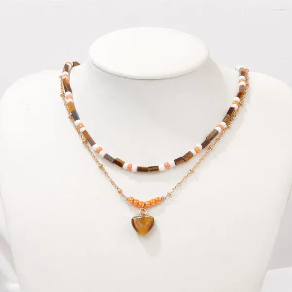 Anhänger Halsketten 2 Stücke Kettenherz Herz Charme Halskette Naturstein flache Perlen für Frauen Tiger Eye Sodalit Quarzs Choker Boho Juwel