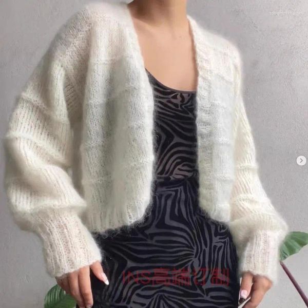 Malhas femininas estilo mingyuan início de primavera leite branco suéter mohair preguiçoso lento solto versátil macio glutinoso cardigan malha vermelha malha