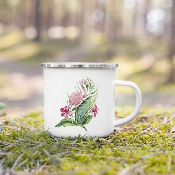 Tazze bianche smalto in metallo tazza di stampa fiore per bambini tazza di caffè termica per trasportare tazze per la colazione originali e birra