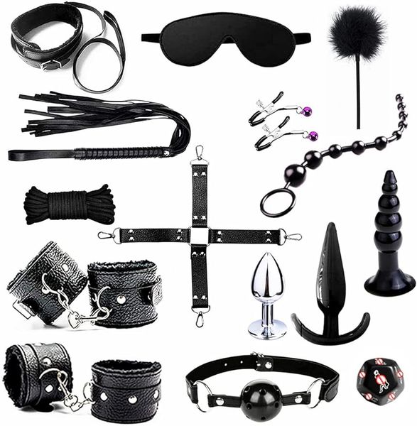 BDSM Kısıtlamaları Seks Oyuncakları 15 PCS BAYGAGE KARŞILARI Fetiş Yatak Kısıtlamaları Yeni Başlayanlar İçin Set SM Yetişkin Oyunları Kelepçeler Gag Göz Kafası Kürek Siyah