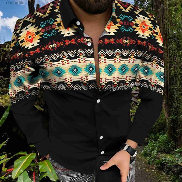 Camisas casuais masculinas ALOHA HAWAIAN CAMISA Mens casual de mangas longas étnicas aztec impressão tropical ALOHA INDIAN CHAMAD