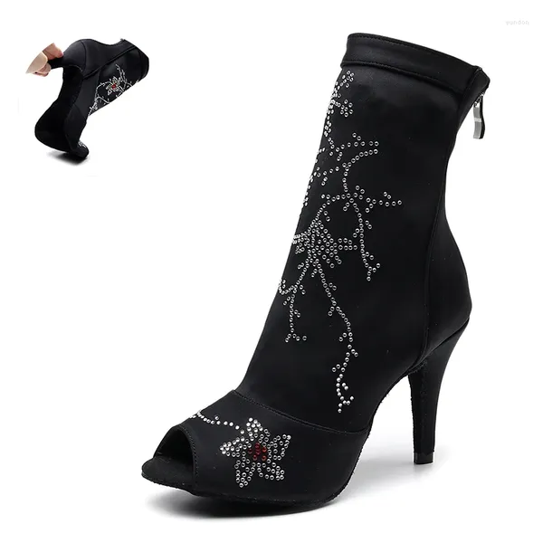 Танцевальная туфли женщин с горно -латинскими сапогами черные высокие каблуки сальса танцы для вечеринок