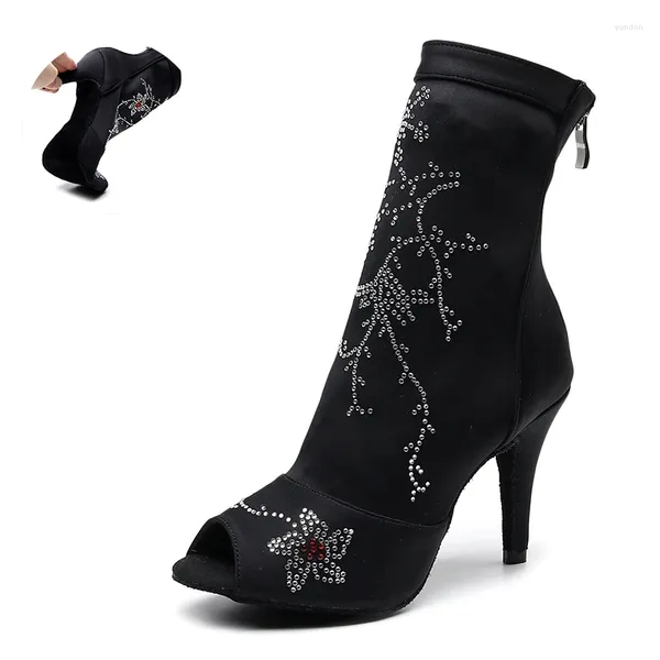 Tanzschuhe Frauen Strass lateinische Stiefel schwarze High Heel Ballroom Salsa Tanzen für Party Girls Top Latino Pratice