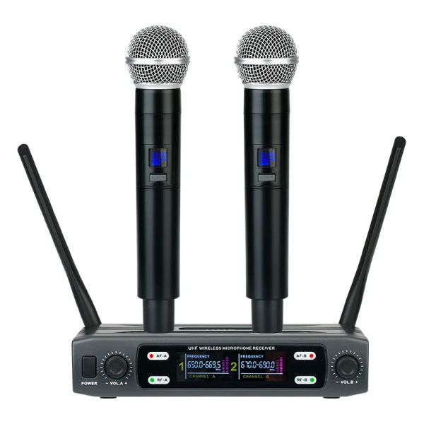 Microfoni Microfono wireless microfono a doppio canale Frequenza UHF Mic Dynamic Fixed Mic per la festa di nozze di karaoke Show Church Sale Hot Sale