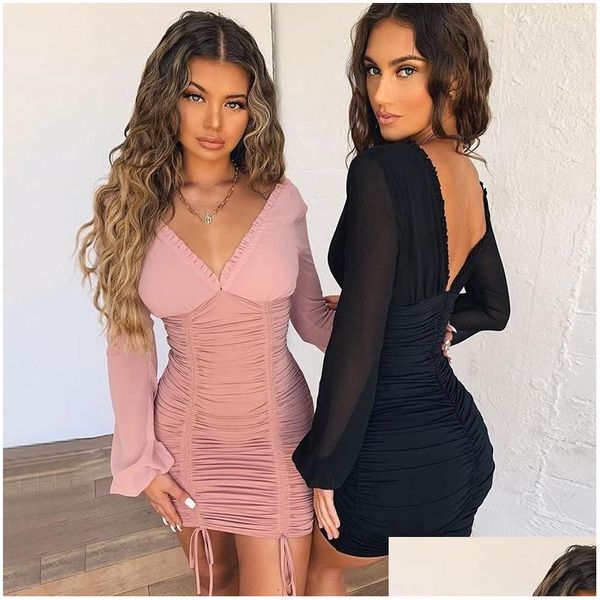 Grundlegende lässige Kleider durch Mesh Long Sleeve Kleid Sommer Frauen y Deep V-Ausschnitt Rückenless Dstring Ruch Bodycon Frau Clubbing d Dhp5u