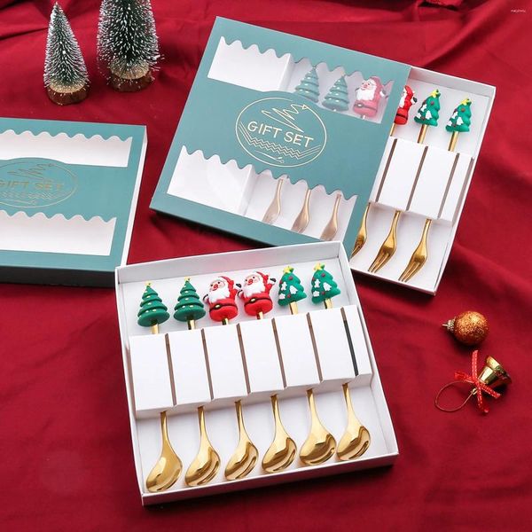 Conjuntos de utensílios de jantar 6 PCs Christmas Spoon Sopa de café Sobremesa Forks Teaspoons Caixa de presente Caixa Tableware Aço inoxidável Papai Noel Navidad