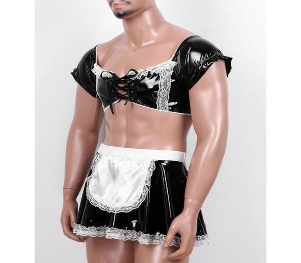 MENS HALLOWEEN COSPLAY SEXY MAID UNIFIFICO WETLOOK OUTTICO LETTUS INTERIO SERVATORE EROTICO ROLEGAGGIO PACCHUP CROP CROP con gonna svasata 6406052702