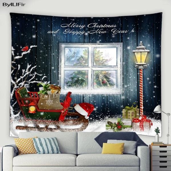 Wandteppiche 3d Weihnachten Wandteppich Blau Retro Fenster Street Lampe Schneeflocken Weihnachtsbaum Winter Vogel Wand Hängende Decke für Schlafzimmer Schlafzimmerdekoration