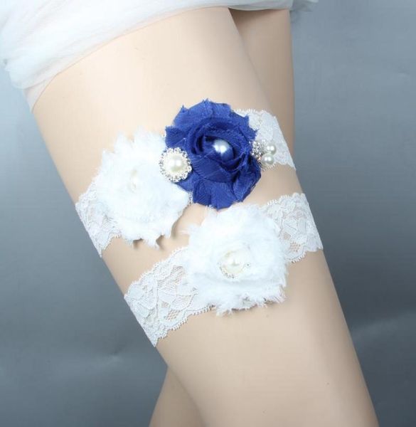 Weiße Brautstädte für Braut Spitze Hochzeitstürme 2 Stück Set sexy echtes Bild Perlen handgefertigte Chiffon Blumen Royal Blue Chea9246548