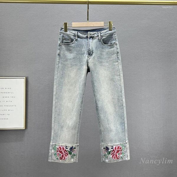 Jeans femminile rino in denim pantaloni a gamba retta moda 2024 primavera ad alta vita in stile etnico ricamato