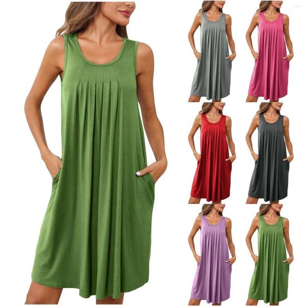 Lässige Kleider Sommer klassische farbige Frauen ärmelloser Tankkleid Urlaub gerade lose Schichtrobe Strandkleidung Sund.