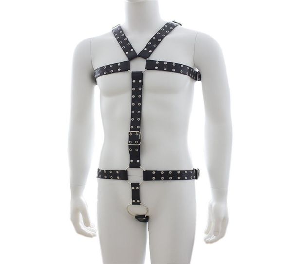 W1031 NOVO Mens Black Couro Chandage Bondage Sexy Gay Clubwear Ajusta ajustável