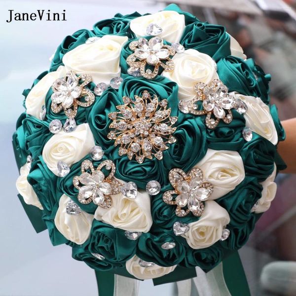 Flores de casamento Janevini 2024 Buquês de noiva personalizados de luxo Buquês de ouro Buquê artificial verde escuro para noiva