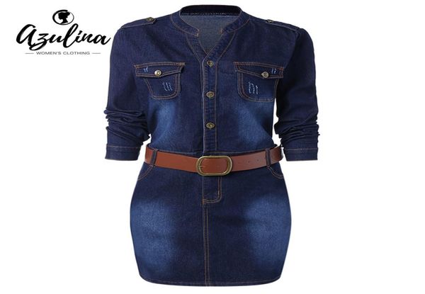 Azulina Women Stand Collar Slave Longa Bodycon Jean Vestres Plus Size Size Cingen Denim Dress Vestido 2018 Vestido casual feminino Y9561848