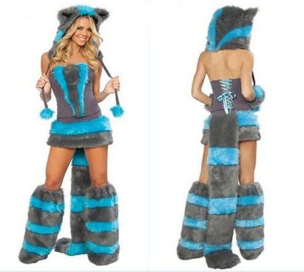 Sexy pelzige Fasching Wolf Katze Mädchen Halloween Kostüm Cosplay Fancy Party Dress Up Hut Bein Set Coatee Rock Full Set XMAS3040663