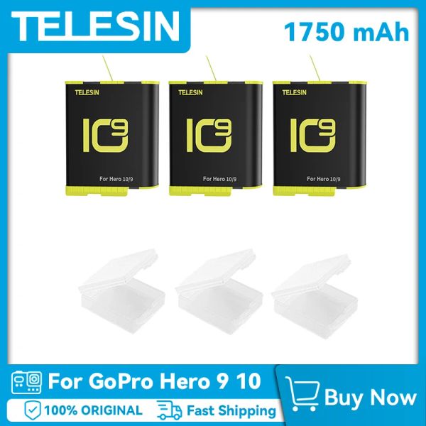 Telesina Gimbal para GoPro Hero 9 10 Bateria 1750mAh com caixa de bateria para GoPro 9 10 Acessórios para câmera de ação preta Black