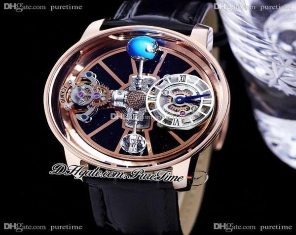 2022 Astronomia Tourbillon Swiss Quartz Mens Watch Rose Gold Blue Skeleton Scheletro 3D Globe Dialtra in pelle Nera Super Edition PUR2506230