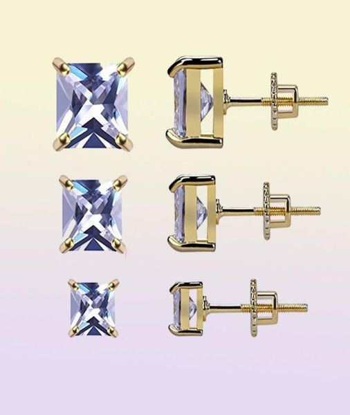 3 Paare Set 48 mm 14K Gold plattiert CZ Square Eiskurte Ohrringe mit Sicherheitsschraube für Männer und Frauen 9709269